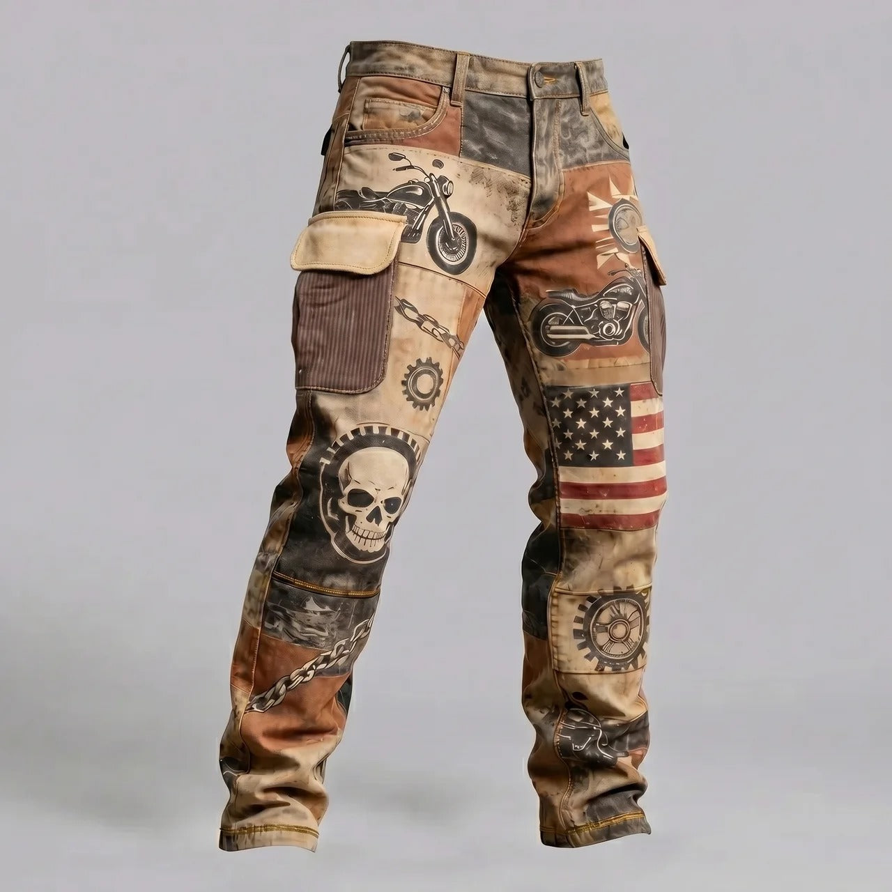 Vintage Motorcycle Print Cargo Pants
